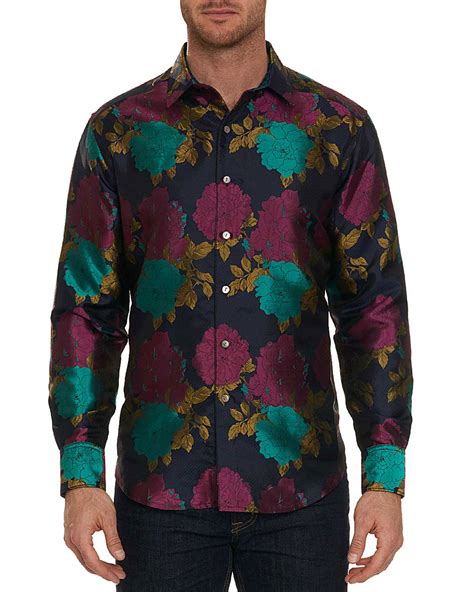 Robert graham shirts on sale - 44.5. 45. 46.5. Because it’s always cocktail hour at 5 PM somewhere, Robert Graham created this whimsical mixed drink motif #WearableArt printed front shirt on a fine stripe background. Features extended one-button contrast cuffs and a hidden modesty button that prevents pulling and gaping at the bustline. The gently tapered waist per. 